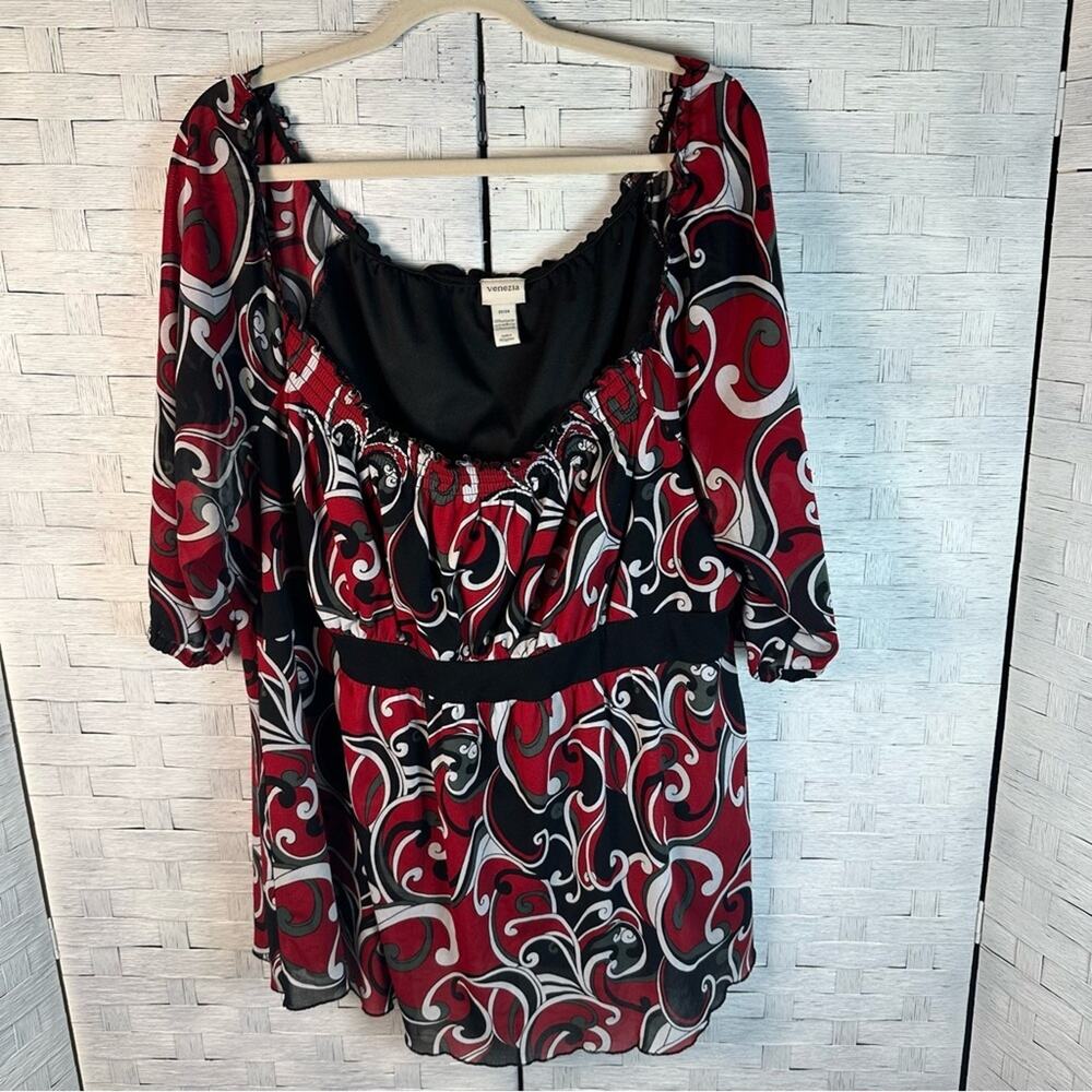 Venezia vintage Blouse Womens Red Black Ruffle Short Sleeve‎ Top plus size